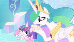 Size: 1000x563 | Tagged: safe, edit, edited screencap, editor:incredibubbleirishguy, imported from derpibooru, screencap, princess celestia, princess flurry heart, alicorn, pony, aunt and niece, baby, baby alicorn, baby pony, concave belly, crown, cute, diaper, diapered, duo, ethereal mane, eyelashes, eyes open, female, filly, flurrybetes, foal, folded wings, grandaunt and grandniece, head rub, hoof shoes, horn, indoors, jewelry, long horn, long mane, looking at each other, looking at someone, mare, peytral, princess, princess shoes, raised hoof, regalia, size difference, slender, thin, wings