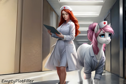 Size: 3072x2048 | Tagged: safe, editor:emptyplotfiller, imported from derpibooru, nurse redheart, oc, oc:becky, earth pony, human, fanfic:crossing the trixie bridge:a new life in the crystal empire, ai assisted, ai content, ai generated, ponyville hospital