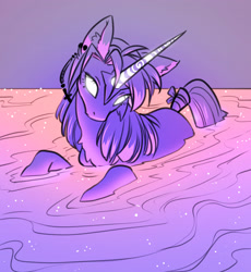 Size: 2816x3059 | Tagged: safe, artist:opalacorn, imported from derpibooru, pony, unicorn, chest fluff, ear fluff, ear piercing, glowing, glowing eyes, glowing horn, horn, ocean, piercing, solo, swimming, tail, tail wrap, water