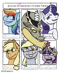 Size: 1668x2018 | Tagged: safe, artist:theedgyduck, imported from derpibooru, applejack, derpy hooves, discord, rainbow dash, rarity, twilight sparkle, draconequus, earth pony, pegasus, pony, unicorn, six fanarts, :p, crown, discord being discord, element of magic, jewelry, reaching, regalia, tongue out