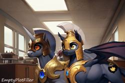 Size: 3072x2048 | Tagged: safe, editor:emptyplotfiller, imported from derpibooru, bat pony, unicorn, fanfic:crossing the trixie bridge:a new life in the crystal empire, ai assisted, ai content, ai generated, male, night guard, ponyville hospital, stallion