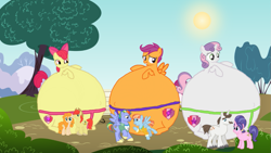 Size: 1079x609 | Tagged: safe, artist:simonstudio587, imported from derpibooru, apple bloom, bow hothoof, bright mac, cookie crumbles, hondo flanks, pear butter, scootaloo, sweetie belle, windy whistles, earth pony, pegasus, pony, unicorn, 1000 years in photoshop, adopted, adopted daughter, adopted offspring, apple bloom's bow, bow, father and child, father and daughter, female, filly, foal, grin, hair bow, headcanon, huge, inflation, male, mare, mother and child, mother and daughter, open mouth, open smile, scootadoption, smiling, spread wings, stallion, story included, sumo, wings