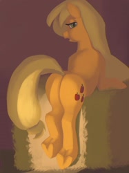 Size: 1344x1800 | Tagged: artist needed, source needed, safe, imported from derpibooru, applejack, earth pony, pony, applebutt, butt, featureless crotch, female, hay bale, looking back, mare, plot, rear view, solo, underhoof