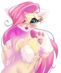 Size: 500x604 | Tagged: artist needed, source needed, safe, imported from derpibooru, fluttershy, pegasus, pony, bell, belly, belly button, bipedal, blushing, cat bell, cat paws, cat socks, chest fluff, female, fluttercat, human shoulders, mare, mask, needs more jpeg, open mouth, open smile, paw gloves, smiling, solo