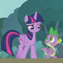 Size: 1440x1440 | Tagged: safe, imported from derpibooru, screencap, spike, twilight sparkle, alicorn, dragon, pony, she talks to angel, duo, duo male and female, eyebrows, female, grin, looking at each other, looking at someone, male, mare, official, raised eyebrow, smiling, smiling at each other, twilight sparkle (alicorn)