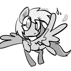 Size: 3937x3937 | Tagged: safe, artist:kruvvv, imported from derpibooru, derpy hooves, pegasus, pony, black and white, cross-eyed, feather, flying, grayscale, high res, looking at something, looking at wing, monochrome, raised hoof, simple, simple background, sketch, solo, spread wings, white background, wings