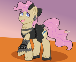 Size: 3200x2600 | Tagged: safe, artist:yumomochan, imported from derpibooru, mayor mare, earth pony, bow, clothes, colored, dress, ear piercing, earring, female, flat colors, full body, hair bow, jewelry, mare, necklace, piercing, pink mane, shoes, solo, solo female, standing, younger