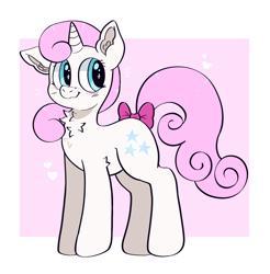 Size: 2080x2110 | Tagged: safe, artist:spookyfoxinc, imported from derpibooru, twinkleshine, unicorn, blushing, bow, chest fluff, pink hair, simple background, smiling, solo, sparkles, tail, tail bow