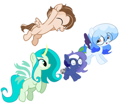 Size: 1946x1681 | Tagged: safe, artist:be_yourself, imported from derpibooru, oc, oc:altersmay earth, oc:garden star, oc:moony nightly, unnamed oc, alicorn, pegasus, pony, derpibooru community collaboration, 2024 community collab, baby, baby pony, colored wings, colt, eyes closed, female, filly, flying, foal, glasses, grin, horn, looking at each other, looking at someone, male, mare, missing accessory, missing cutie mark, open mouth, planet ponies, ponified, simple background, smiling, transparent background, transparent wings, wings