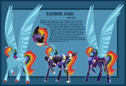 Size: 2048x1400 | Tagged: safe, artist:parrpitched, imported from derpibooru, rainbow dash, oc, oc:rainbow dash(prisoners of the moon), pegasus, fireheart76's latex suit design, latex, latex suit, prisoners of the moon, redesign, reference sheet, rubber, rubber suit, shadowbolts