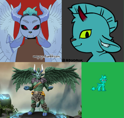 Size: 1197x1140 | Tagged: safe, imported from derpibooru, oc, oc only, oc:jaaobah, anthro, original species, pony, pony town, blue fur, blue hair, blue tail, creature, fan made, gray background, green background, hero forge, hooves, horn, male, male oc, meiker, meiker.io, mohawk, ms paint, non-pony oc, picrew, pointed ears, red background, simple background, solo, spread wings, tail, wings