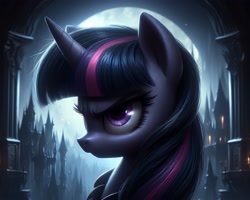 Size: 4096x3272 | Tagged: safe, imported from derpibooru, twilight sparkle, ai content, ai generated, bust, castle, dark, frown, generator:bing image creator, moon, night, prompter:enterusxrname, solo, upscaled