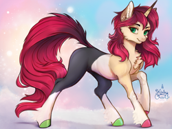 Size: 2000x1500 | Tagged: safe, artist:kirby_orange, imported from derpibooru, oc, oc only, pony, unicorn, beautiful, chest fluff, colored hooves, cute, ear fluff, female, fit, fluffy, gift art, gradient background, green eyes, lacrimal caruncle, looking at you, makeup, mare, mare oc, piercing, pony oc, red hair, ribcage, short hair, slender, solo, thin, two toned mane, wavy hair