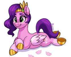 Size: 2048x1638 | Tagged: safe, artist:zendora, imported from twibooru, pipp petals, pegasus, pony, adorapipp, cute, eyebrows, female, folded wings, g5, hoof shoes, image, mare, png, prone, simple background, smiling, solo, tail, white background, wings