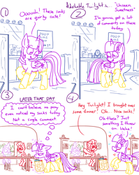 Size: 4779x6013 | Tagged: safe, artist:adorkabletwilightandfriends, imported from derpibooru, spike, twilight sparkle, oc, oc:lawrence, alicorn, comic:adorkable twilight and friends, adorkable, adorkable twilight, bag, bathroom, blushing, bookshelf, card game, clock, clothes, comic, compliment, confident, cute, disappointed, dork, flirting, groceries, happy, kitchen, magic, mirror, paper bag, poster, rug, sad, sink, sitting, slice of life, smiling, socks, twilight sparkle (alicorn), upset