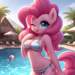Size: 1024x1024 | Tagged: safe, imported from derpibooru, pinkie pie, anthro, earth pony, ai content, ai generated, belly button, bikini, breasts, busty pinkie pie, cleavage, clothes, cute, diapinkes, female, generator:bing image creator, generator:dall-e 3, looking at you, one eye closed, outdoors, side-tie bikini, smiling, smiling at you, solo, striped swimsuit, swimming pool, swimsuit, wink, winking at you, wrong cutie mark