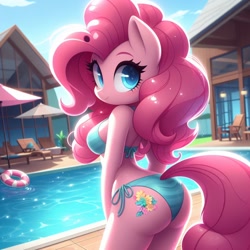 Size: 1024x1024 | Tagged: prompter needed, source needed, safe, imported from derpibooru, pinkie pie, anthro, earth pony, ai content, ai generated, ass, balloonbutt, bikini, breasts, butt, clothes, generator:bing image creator, generator:dall-e 3, house, looking at you, looking back, looking back at you, outdoors, side-tie bikini, solo, swimming pool, swimsuit, wrong cutie mark