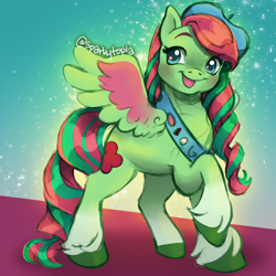 Size: 2400x2400 | Tagged: safe, artist:sparkytopia, imported from derpibooru, pegasus, pony, beret, blue eyes, colored sketch, female, filly, foal, g5, green coat, hat, open mouth, sash, scout kindheart, signature, sketch, solo, sparkles, spread wings, wings