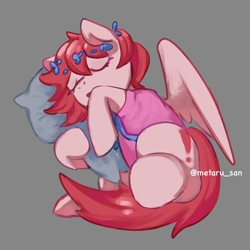 Size: 4096x4096 | Tagged: safe, artist:metaruscarlet, imported from derpibooru, oc, oc only, oc:metaru scarlet, pegasus, pony, clothes, eyes closed, flower, flower in hair, gray background, pegasus oc, pillow, simple background, sleeping, solo, wings