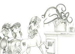 Size: 1500x1074 | Tagged: safe, artist:baron engel, imported from derpibooru, apple bloom, scootaloo, sweetie belle, earth pony, pegasus, pony, unicorn, concave belly, cooking, cutie mark crusaders, female, filly, fit, foal, food, monochrome, muscles, pencil drawing, slender, sweetie belle can't cook, sweetie fail, thin, traditional art