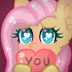 Size: 2000x2000 | Tagged: safe, artist:bubblegooey, imported from derpibooru, fluttershy, pegasus, pony, adorable face, blushing, bust, cute, ear blush, ear fluff, embarrassed, eyelashes, female, glowing, glowing eyes, green eyes, heart, heart eyes, high res, holding, looking at you, mare, pink mane, portrait, red background, shy, shyabetes, signature, simple background, solo, text, wingding eyes, yellow coat