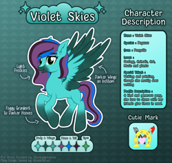 Size: 2524x2393 | Tagged: safe, artist:lovinglypromise, imported from derpibooru, oc, oc only, oc:violet skies, pegasus, pony, color palette, colored wings, colored wingtips, ear fluff, flying, gradient hooves, gradient legs, gradient muzzle, green eyes, high res, lidded eyes, multicolored hair, multicolored mane, multicolored wings, open mouth, open smile, raised hoof, reference sheet, simple background, smiling, solo, spread wings, teal background, text, wings