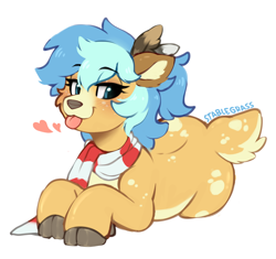 Size: 1860x1746 | Tagged: safe, artist:stablegrass, imported from derpibooru, oc, oc only, oc:chime maplewood, deer, :p, blushing, butt freckles, clothes, cloven hooves, deer oc, eyebrows, eyebrows visible through hair, feather, freckles, lying down, non-pony oc, ponytail, scarf, simple background, solo, spots, striped scarf, tongue out, white background