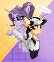 Size: 1413x1636 | Tagged: safe, artist:行豹cheetahspeed, imported from derpibooru, oc, oc:autumn trace, pony, unicorn, back to back, black and white mane, clothes, duo, duo female, female, hoodie, intp, lab coat, light, looking left, mare, mbti, orange eyes, purple eyes, purple mane, purple skin, simple background, sketch, test tube, yellow skin