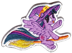 Size: 1018x742 | Tagged: safe, imported from derpibooru, twilight sparkle, alicorn, 2d, broom, cute, flying, hat, looking at you, merchandise, official, patch, simple background, smiling, smiling at you, solo, twilight sparkle (alicorn), waving, white background, witch, witch hat