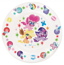 Size: 1541x1564 | Tagged: safe, imported from derpibooru, applejack, pinkie pie, twilight sparkle, alicorn, butterfly, earth pony, my little pony: pony life, 2d, bottle, cutie mark, eyes closed, hat, laughing, merchandise, official, plate, pointing, potion, smiling, sparkle, together forever, twilight sparkle (alicorn)