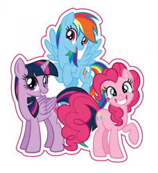 Size: 477x524 | Tagged: safe, imported from derpibooru, pinkie pie, rainbow dash, twilight sparkle, alicorn, earth pony, pegasus, 2d, flying, happy, looking at you, merchandise, official, patch, raised hoof, simple background, smiling, smiling at you, sticker, twilight sparkle (alicorn), white background