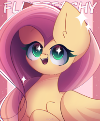 Size: 2150x2600 | Tagged: safe, artist:miryelis, imported from derpibooru, fluttershy, pegasus, pony, big ears, commission, cute, female, mare, pink background, shyabetes, signature, simple background, smiling, solo, text, wings