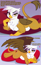 Size: 2000x3141 | Tagged: safe, artist:rupert, imported from derpibooru, gilda, griffon, series:ask white belly gilda, ai assisted, ai content, ai generated, ask, cushion, cute, dialogue, female, generator:pony diffusion v6 xl, generator:stable diffusion, gildadorable, heart, implied manehattan, inviting, lidded eyes, lying down, pale belly, plump, prompter:rupert, prone, show accurate, solo, tumblr, white belly