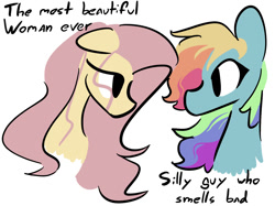 Size: 1209x905 | Tagged: safe, artist:captainzigo, imported from derpibooru, fluttershy, rainbow dash, pegasus, pony, bust, duo, female, flutterdash, lesbian, looking at each other, looking at someone, shipping, simple background, text, white background