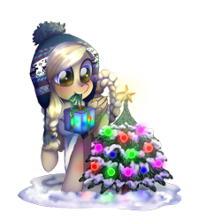 Size: 1350x1510 | Tagged: safe, artist:toxiccolour, imported from derpibooru, oc, oc only, oc:cornflower meadow, pegasus, pony, blushing, christmas, christmas lights, christmas tree, clothes, cute, female, hat, holiday, mare, mouth hold, present, raised hoof, scarf, simple background, snow, solo, transparent background, tree