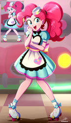 Size: 1934x3334 | Tagged: safe, artist:the-butch-x, imported from derpibooru, pinkie pie, coinky-dink world, eqg summertime shorts, equestria girls, alternate hairstyle, apron, clothes, coat markings, cute, diapinkes, dress, female, hat, open mouth, ponytail, roller skates, screencap reference, server pinkie pie, skates, socks (coat markings), solo, waitress