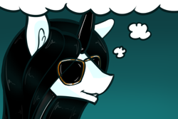 Size: 1200x800 | Tagged: safe, artist:sile-animus, imported from derpibooru, oc, oc only, oc:culpa, unicorn, dracula flow, glasses, gradient background, latex, latex suit, meme, smiling, smirk, solo, thought bubble