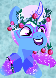 Size: 388x542 | Tagged: safe, artist:mazanity, imported from derpibooru, pony, auroricorn, bracelet, comet (g5), g5, glasses, hooves, horn, jewelry, male, open mouth, open smile, smiling, solo, stallion, unshorn fetlocks