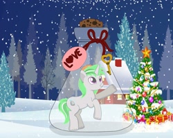 Size: 1600x1280 | Tagged: artist needed, safe, imported from derpibooru, oc, oc only, pony, unicorn, christmas, christmas tree, flask, holiday, house, key, pony in a bottle, present, smiling, snow, snowfall, solo, tree