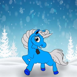 Size: 1600x1600 | Tagged: artist needed, safe, imported from derpibooru, oc, oc only, pony, unicorn, earbuds, snow, snowfall, snowflake, solo, tree