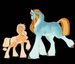 Size: 1300x1100 | Tagged: safe, artist:lesghostie, imported from derpibooru, applejack, rockhoof, earth pony, pony, black background, female, hatless, height difference, larger male, looking at each other, looking at someone, looking up, male, mare, missing accessory, raised hoof, rockjack, scar, shipping, signature, simple background, smaller female, stallion, straight, unshorn fetlocks