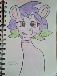 Size: 3024x4032 | Tagged: safe, artist:crystaline, color edit, edit, imported from derpibooru, oc, oc only, oc:starlight(crystaline), pony, unicorn, bust, colored, female, looking at you, no source, photo, portrait, simple background, sketch, solo, traditional art, two toned hair, white background