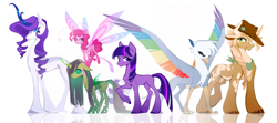 Size: 2775x1236 | Tagged: safe, artist:nightheartyexin, imported from derpibooru, applejack, fluttershy, pinkie pie, rainbow dash, rarity, twilight sparkle, changeling, fairy, griffon, kelpie, pony, unicorn, alternate universe, group, mane six, reflection, simple background, species swap, story in the source, story included, unicorn twilight, white background