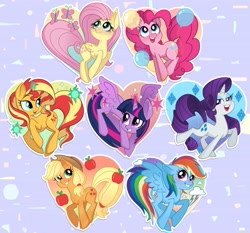 Size: 3976x3704 | Tagged: safe, artist:artomicmuffin, imported from derpibooru, applejack, fluttershy, pinkie pie, rainbow dash, rarity, sunset shimmer, twilight sparkle, alicorn, earth pony, pegasus, pony, unicorn, alternate mane seven, blushing, female, grin, heart, mane six, mare, open mouth, open smile, purple background, simple background, smiling, twilight sparkle (alicorn)