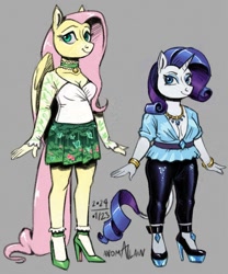 Size: 800x960 | Tagged: safe, artist:anomalain, imported from derpibooru, fluttershy, rarity, anthro, pegasus, plantigrade anthro, unicorn, ankle socks, bracelet, breasts, choker, cleavage, clothes, duo, duo female, female, frilly socks, height difference, high heels, jewelry, leonine tail, mare, necklace, shoes, signature, skirt, smiling, socks, tail, tallershy