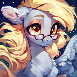 Size: 1024x1024 | Tagged: safe, imported from derpibooru, derpy hooves, pegasus, pony, ai assisted, ai content, ai generated, beautiful, cute, derp, ear fluff, fluffy, generator:purplesmart.ai, generator:stable diffusion, glasses, prompter:saltyvity, simple background, smiley face, smiling, solo, sparkles, stars, yellow eyes, yellow mane