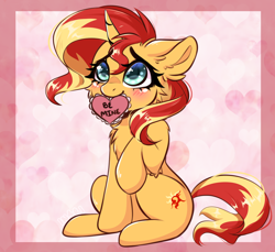 Size: 3500x3206 | Tagged: safe, artist:in4ri_, imported from derpibooru, sunset shimmer, pony, unicorn, blushing, commissioner:sojournsunrise, cute, heart, holiday, looking up, mouth hold, raised hoof, shimmerbetes, sitting, smiling, solo, valentine, valentine's day