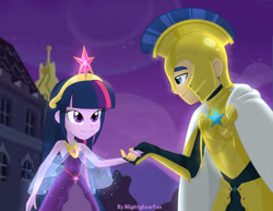 Size: 750x579 | Tagged: safe, artist:nightglowfan, imported from derpibooru, flash sentry, twilight sparkle, human, equestria girls, armor, clothes, crown, dress, female, flashlight, jewelry, looking at each other, looking at someone, male, regalia, royal guard, shipping, smiling, smiling at each other, straight