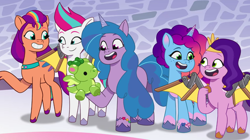 Size: 3300x1845 | Tagged: safe, imported from derpibooru, screencap, izzy moonbow, pipp petals, sunny starscout, zipp storm, earth pony, pegasus, pony, unicorn, spoiler:g5, spoiler:my little pony: tell your tale, spoiler:tyts02e03, cake dragon, g5, misty brightdawn, my little pony: tell your tale