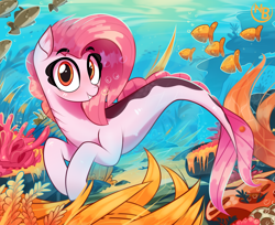 Size: 3991x3258 | Tagged: safe, artist:nevobaster, imported from derpibooru, oc, oc only, oc:koraru koi, fish, sea pony, seapony (g4), bubble, coral, crepuscular rays, cute, digital art, dorsal fin, female, fin, fish tail, flowing mane, flowing tail, gills, happy, looking at you, ocean, scales, seaweed, smiling, smiling at you, solo, sunlight, swimming, tail, teeth, underwater, water